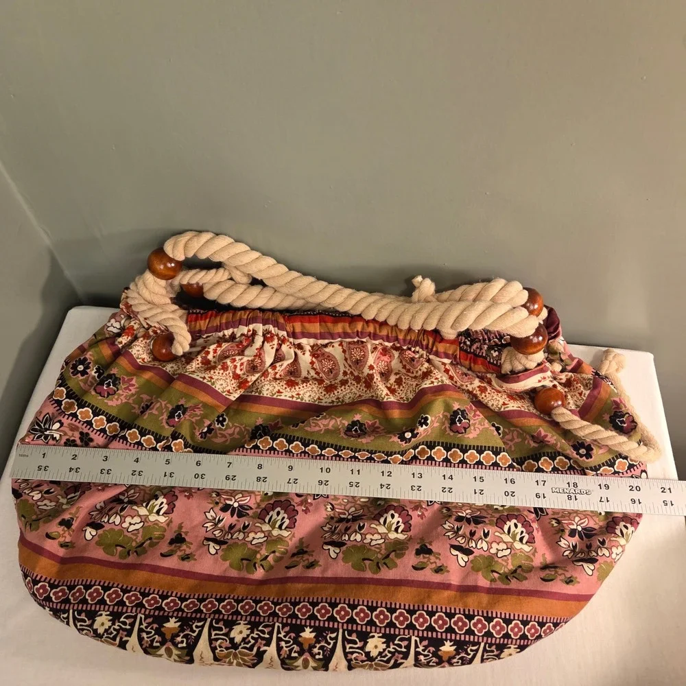 Boho Rope Handle Shoulder Bag Wooden Beads Paisley Floral Print Earthy